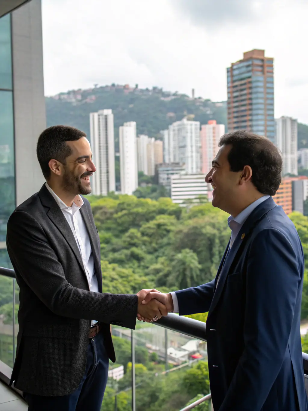 An image of a handshake between a financial consultant and a client in front of a modern office building in Mexico, symbolizing trust and partnership.