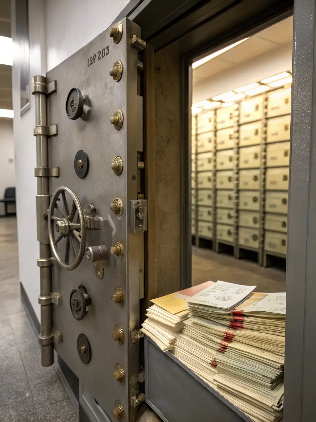 An image of a secure vault with Mexican currency and assets, representing wealth preservation and growth strategies.
