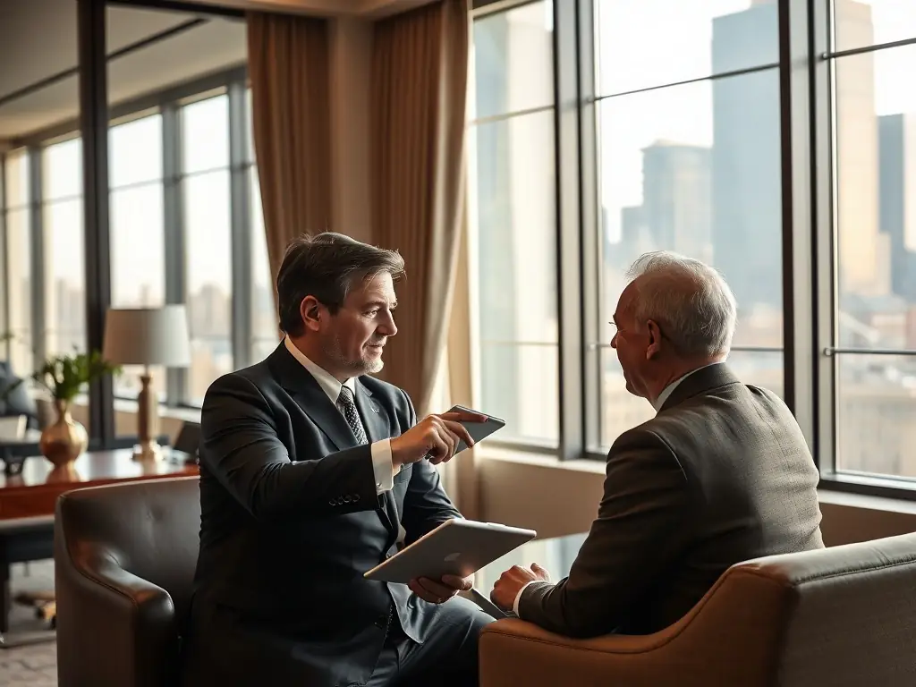 A financial planner presenting a detailed financial report to a business owner in a modern office, with a view of Mexico City in the background.