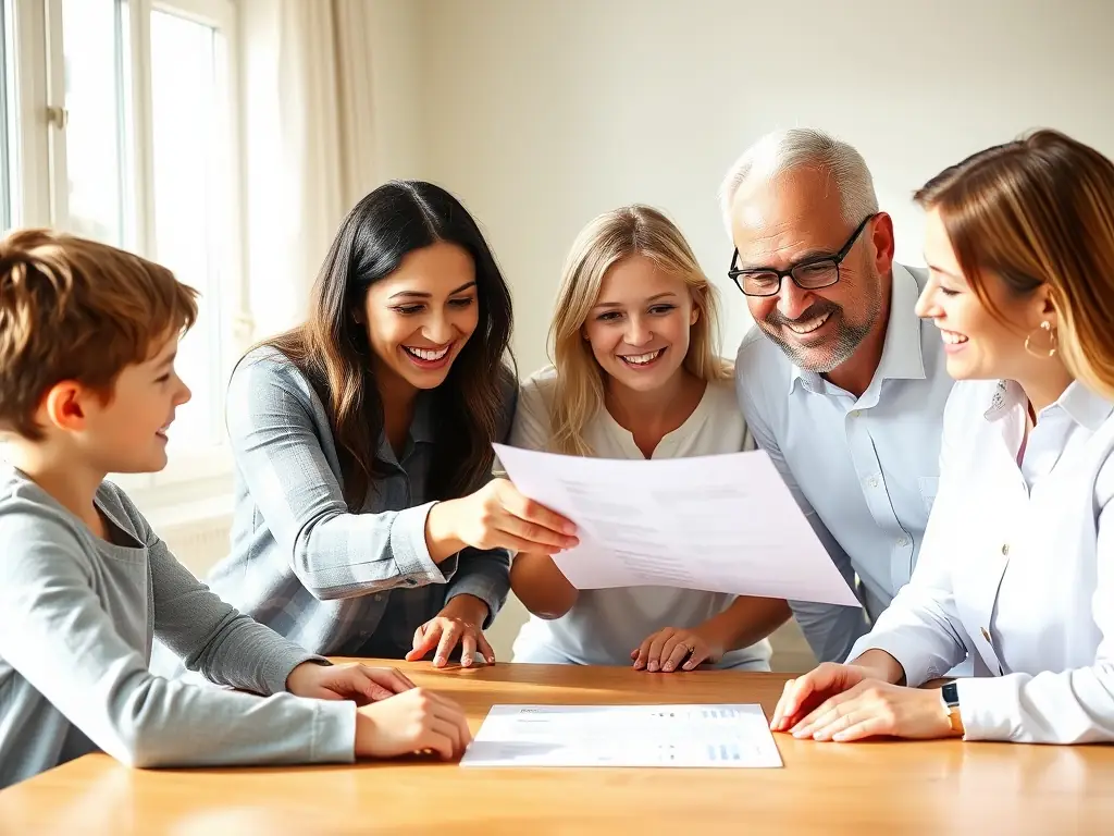 A family happily planning their financial future with a consultant, set against a backdrop of a modern Mexican home.