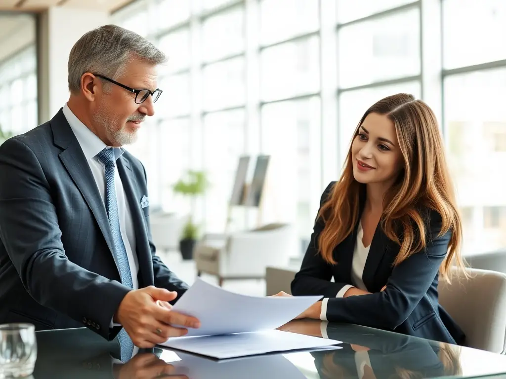 A professional advisor in a modern office setting, discussing investment options with a client, with Mexican artwork subtly displayed in the background.